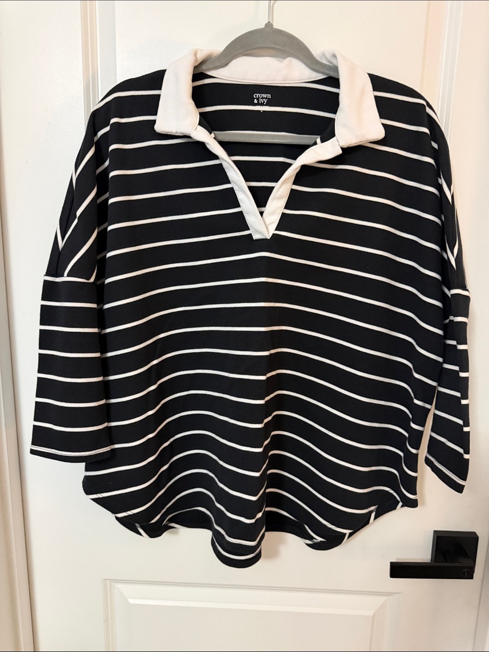 crown & ivy Black and White Striped Polo Sweatshirt